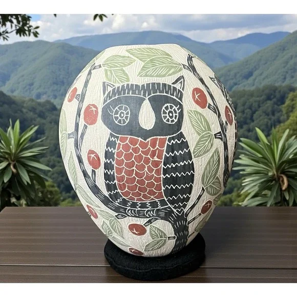 Mata Ortiz Pottery Olla Vase Jonathan Villa‎ Owl Owls Folk Art Mexican Ceramic